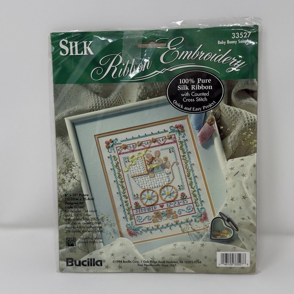 Bucilla Baby Bunny Sampler Kit 33527 Silk Ribbon Embroidery Cross Stitch 8x10